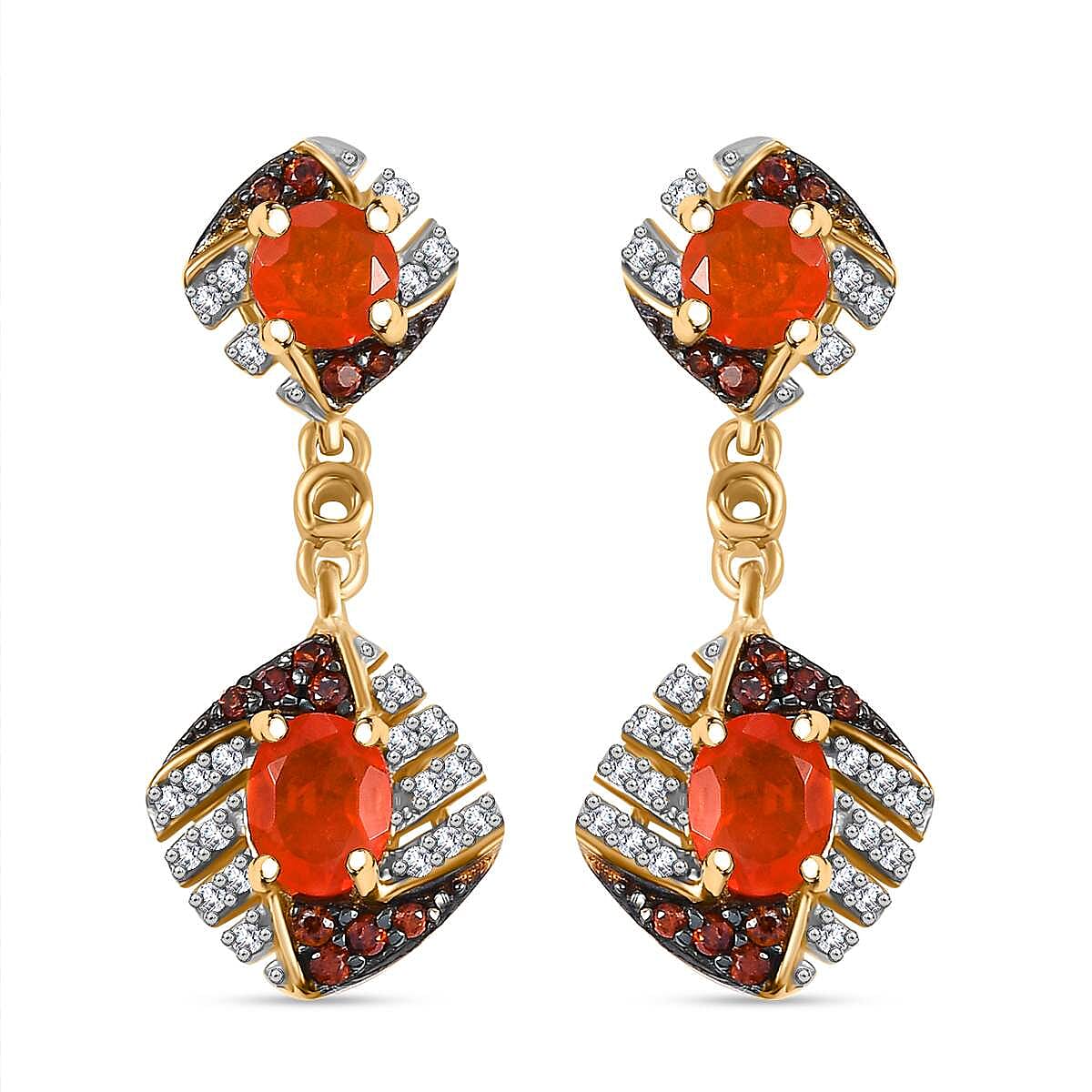 D'Joy AAA Buriti Fire Opal, Brown and White Zircon 1.35 ctw Phoenix Ember Earrings in 18K Vermeil Yellow Gold Over Sterling Silver