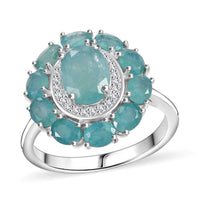 AAA Grandidierite, White Zircon Floral Ring in Rhodium Over Sterling Silver (Size 10.0) 3.00 ctw