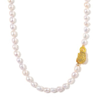 White Freshwater Pearl Necklace with Money Toad Charm (18 Inches) in Goldtone