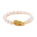 White Freshwater Pearl Bracelet with Pixiu Charm in Goldtone (6.50 In) - Sticky add to cart bar