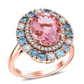 Doorbuster Certified & Appraised Luxoro AAA Pink Morganite, Santa Maria Aquamarine, I2 Diamond 4.85 ctw Double Halo Ring in 10K Rose Gold (Size 10.0) - Sticky add to cart bar