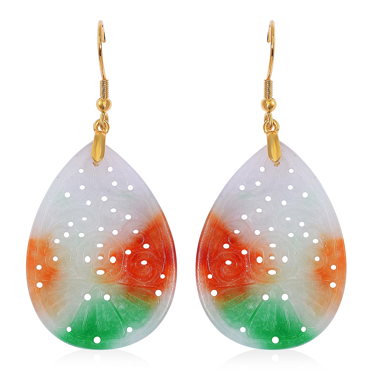 Multi Color Jade (D) Carved 40.00 ctw Drop Earrings in 14K Yellow Gold Over Sterling Silver