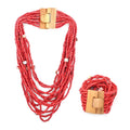 Red Seed Bead, Shell Wooden Buckle Stretch Bracelet and Multi Strand Necklace 18 Inches - Sticky add to cart bar