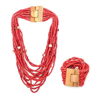 Red Seed Bead, Shell Wooden Buckle Stretch Bracelet and Multi Strand Necklace 18 Inches
