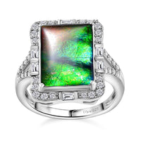 Doorbuster Canadian Ammolite and White Zircon 0.90 ctw Ring in Rhodium Over Sterling Silver (Size 7.0)
