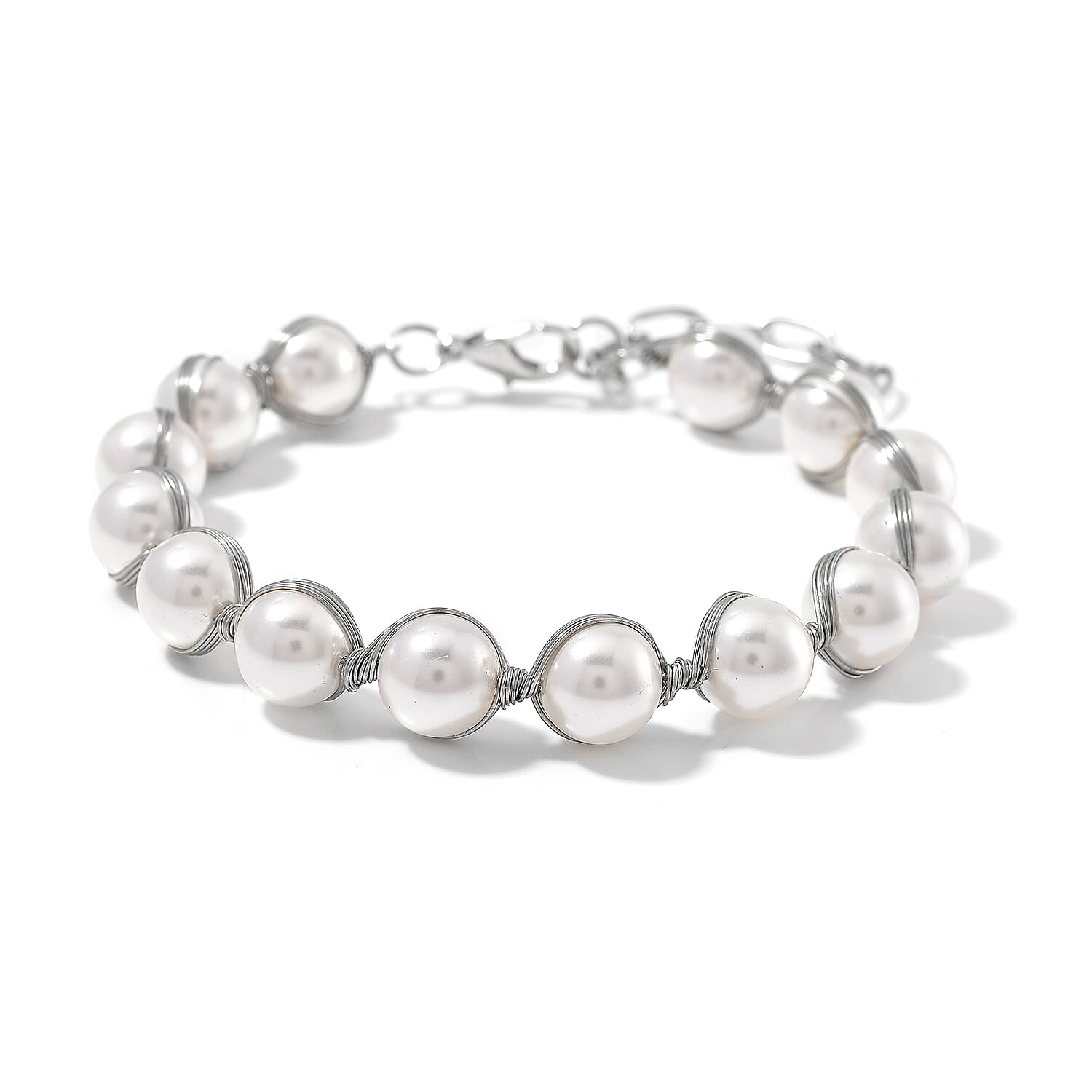 Doorbuster White Shell Pearl Beaded Bracelet (7.00-9.00In) in Silvertone