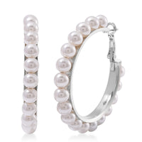 Doorbuster White Shell Pearl Beaded Hoop Earrings in Stainless Steel