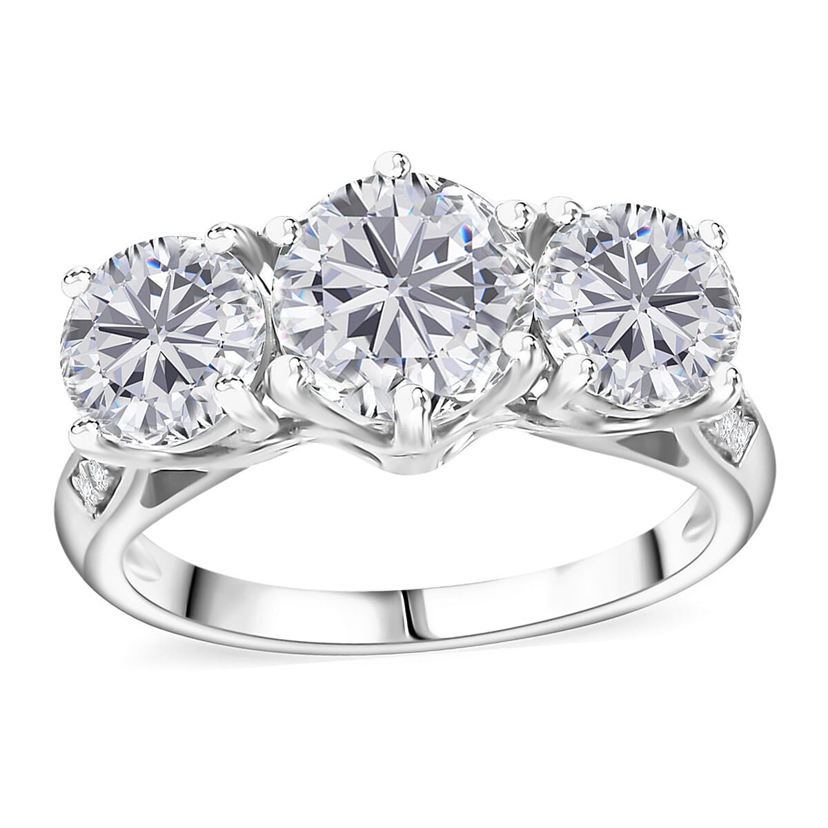 Moissanite (Rnd7 mm) Trinity Ring in Rhodium Over Sterling Silver (Size 10.0) 2.90 ctw
