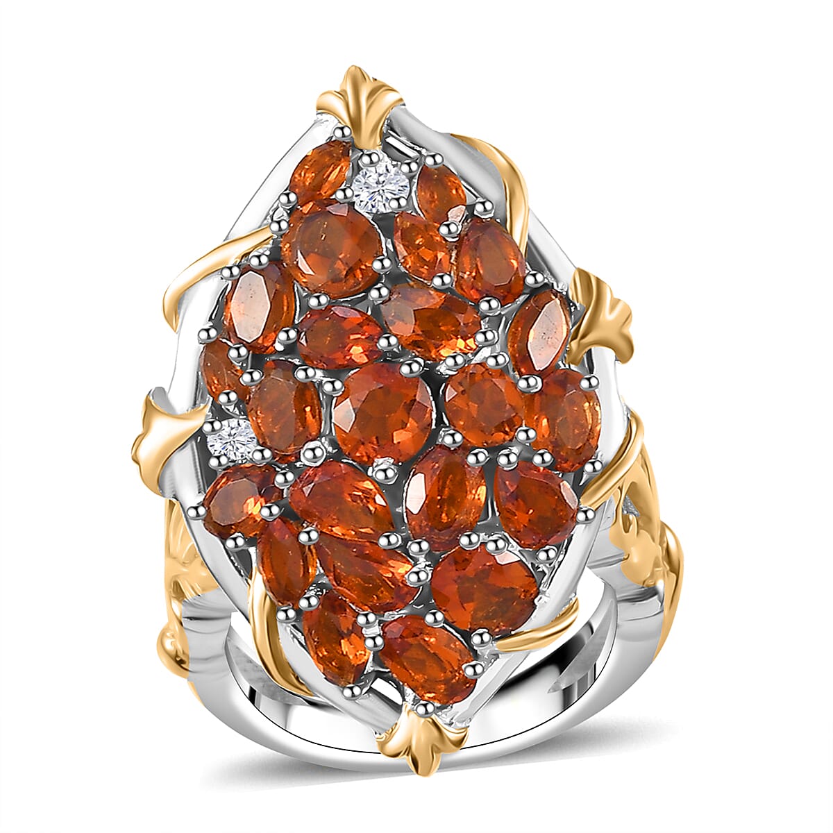 Premium Santa Ana Madeira Citrine, White Zircon Amber Bloom Ring in 18K Vermeil YG and Rhodium Over Sterling Silver (Size 7.0) 4.15 ctw