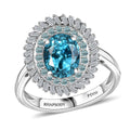 Rhapsody AAAA Cambodian Blue Zircon, Paraiba Tourmaline and E-F VS Diamond 4.36 ctw Double Halo Ring in 950 Platinum (Size 10.0) - Sticky add to cart bar