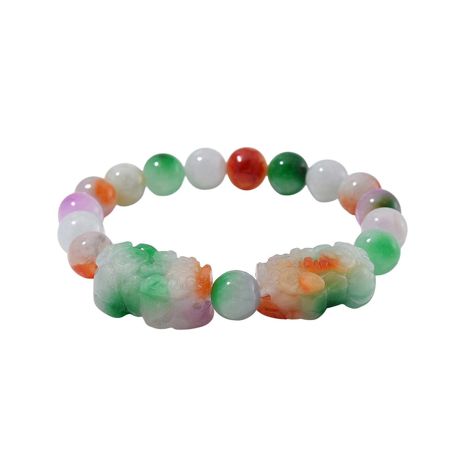 Multi Jade (D) 230.00 ctw Carved Pixiu and Beaded Stretch Bracelet