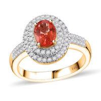 Epic Deal Luxoro 14K Yellow Gold AAA Padparadscha Sapphire (BT), Diamond (G-H, I2) (0.40 cts) Double Halo Ring (Size 10.0) 1.50 ctw