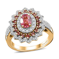 AAA Padparadscha Sapphire (BT), Moissanite Radiant Bloom Ring in 18K Vermeil YG Over Sterling Silver (Size 6.0) 1.90 ctw
