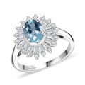 Santa Maria Aquamarine, Moissanite Floral Ring in Rhodium Over Sterling Silver (Size 7.0) 1.75 Carat Total Weight - Sticky add to cart bar