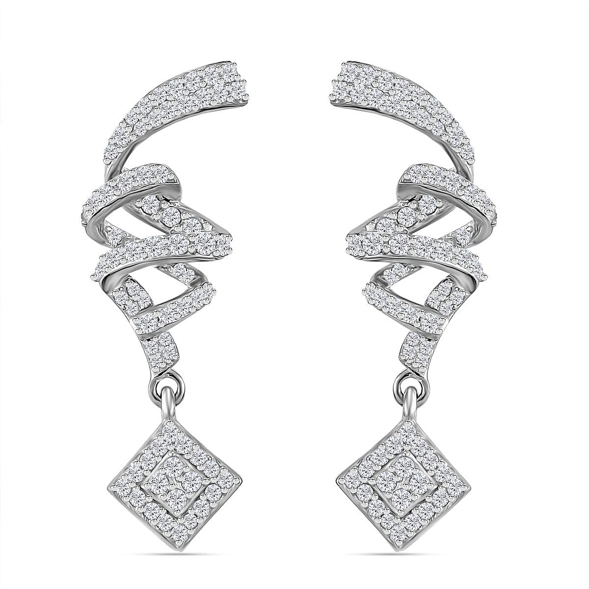 Diamond Spiral Drop Earrings in Rhodium Over Sterling Silver 1.00 ctw