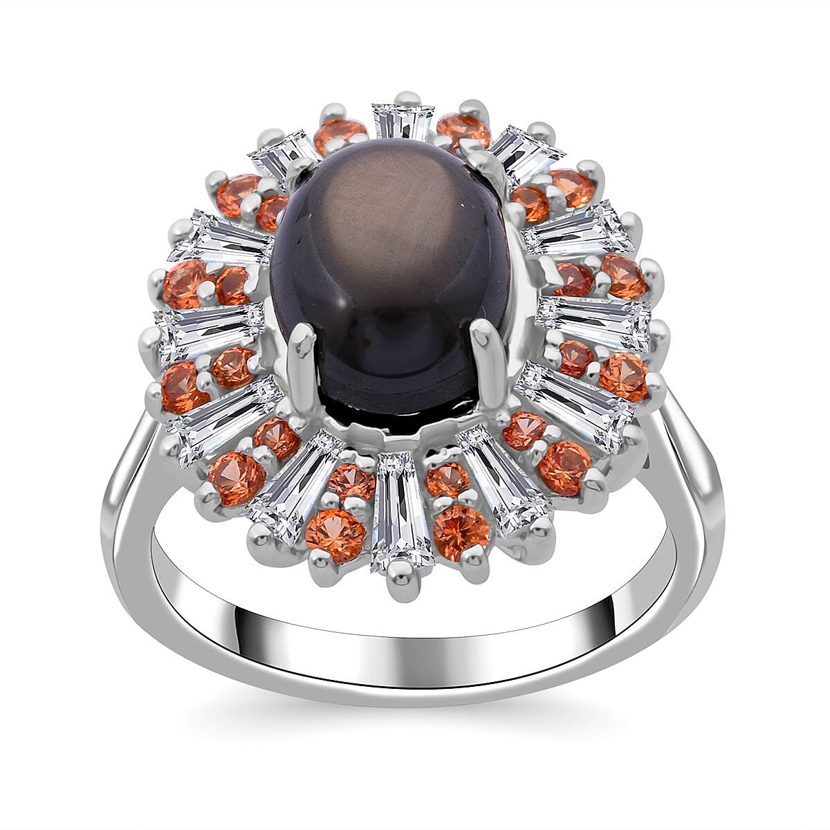 Doorbuster Bankacha Natural Black Star Sapphire, Multi Gemstone Ring in Rhodium Over Sterling Silver 6.54 ctw