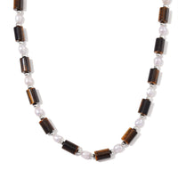 Doorbuster Yellow Tigers Eye, White Freshwater Pearl Beaded Necklace (18-20 Inches) in Silvertone 100.00 ctw