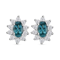 Premium Pirineu Lagoon Tourmaline and Moissanite 0.85 ctw Sunburst Earrings in Rhodium Over Sterling Silver