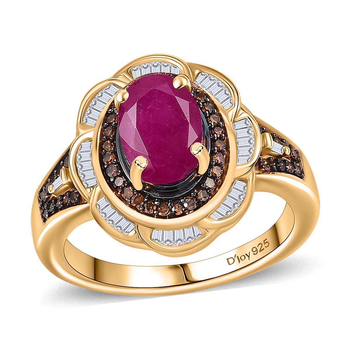 AAA Royal Ruby, Red Diamond (IR) and Diamond (0.40 cts) Ring in 18K Vermeil YG Over Sterling Silver (Size 10.0) 2.25 ctw