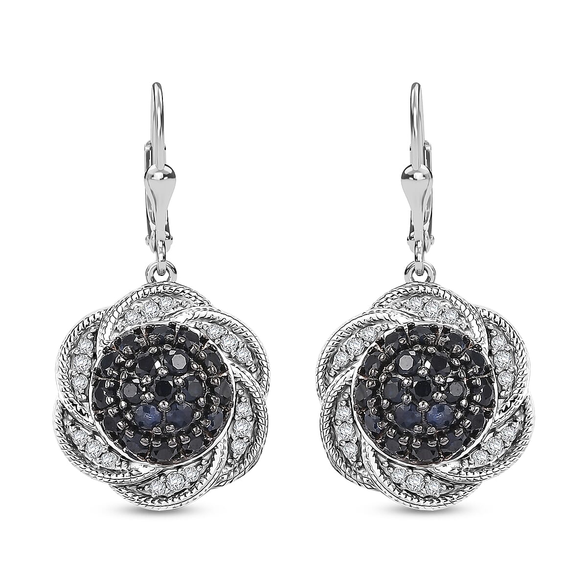 Madagascar Blue Sapphire, White Zircon Radiant Galaxy Earrings in Rhodium Over Sterling Silver 2.80 ctw
