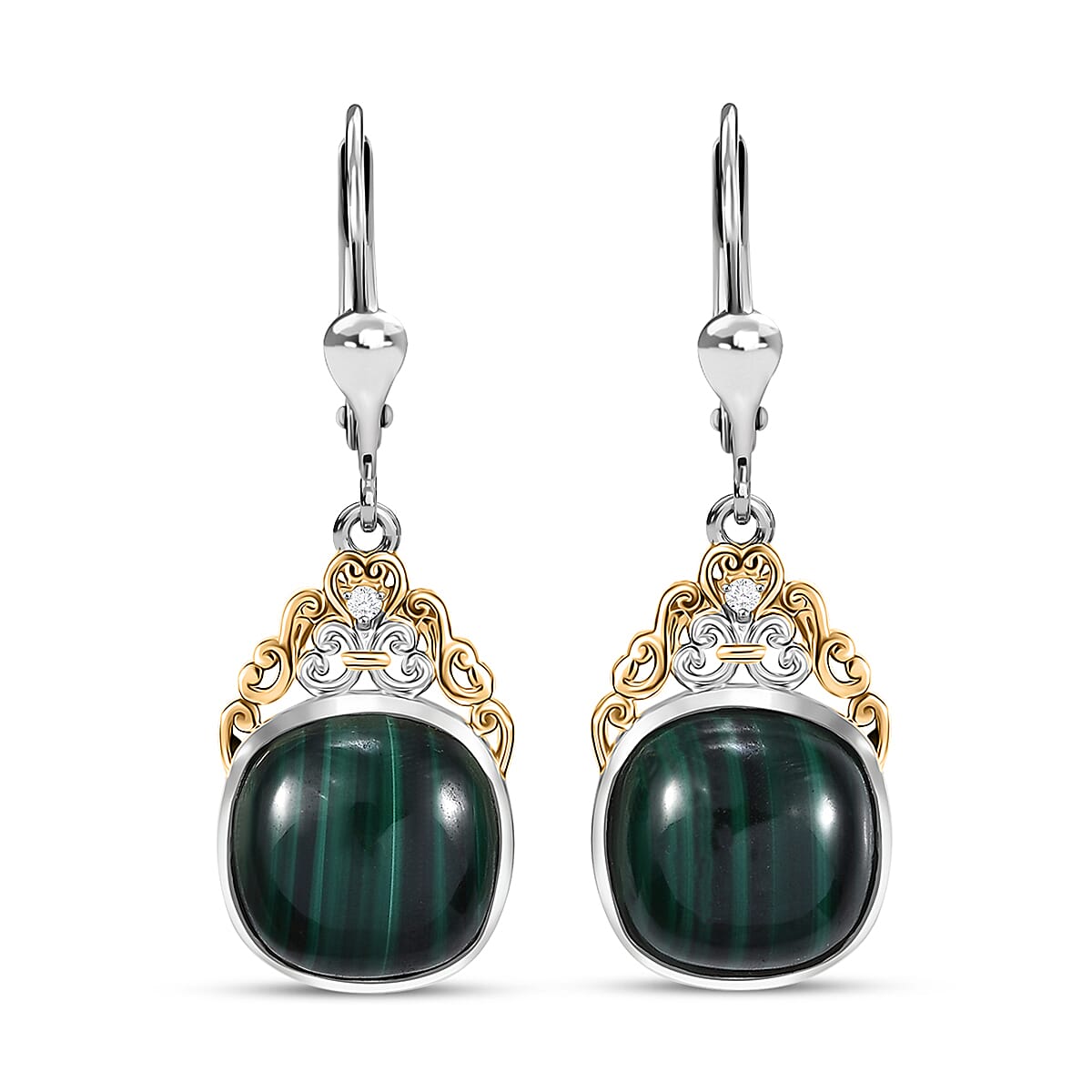 D'Joy African Malachite and White Zircon 17.50 ctw Verdant Crown Earrings in 18K Vermeil YG and Rhodium Over Sterling Silver