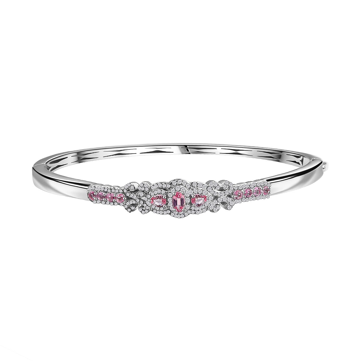 D'Joy Mahenge Spinel and White Zircon 1.90 ctw Art Deco Bangle Bracelet in Rhodium Over Sterling Silver (7.25 In)