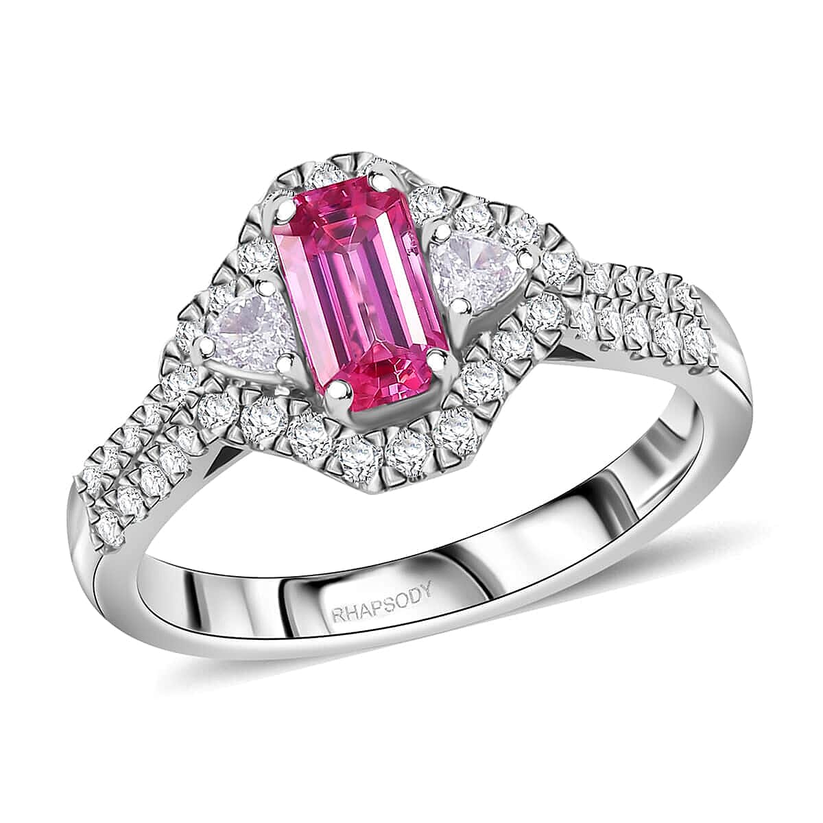 Certified & Appraised Rhapsody 950 Platinum AAAA Padparadscha Sapphire, Diamond (E-F, VS2) (0.64 cts) Ring (Size 7.0) (6.50 g) 1.72 ctw