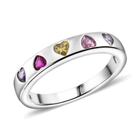 Simulated Multi Color Diamond Heart Band Ring in Silvertone (Size 10.0)
