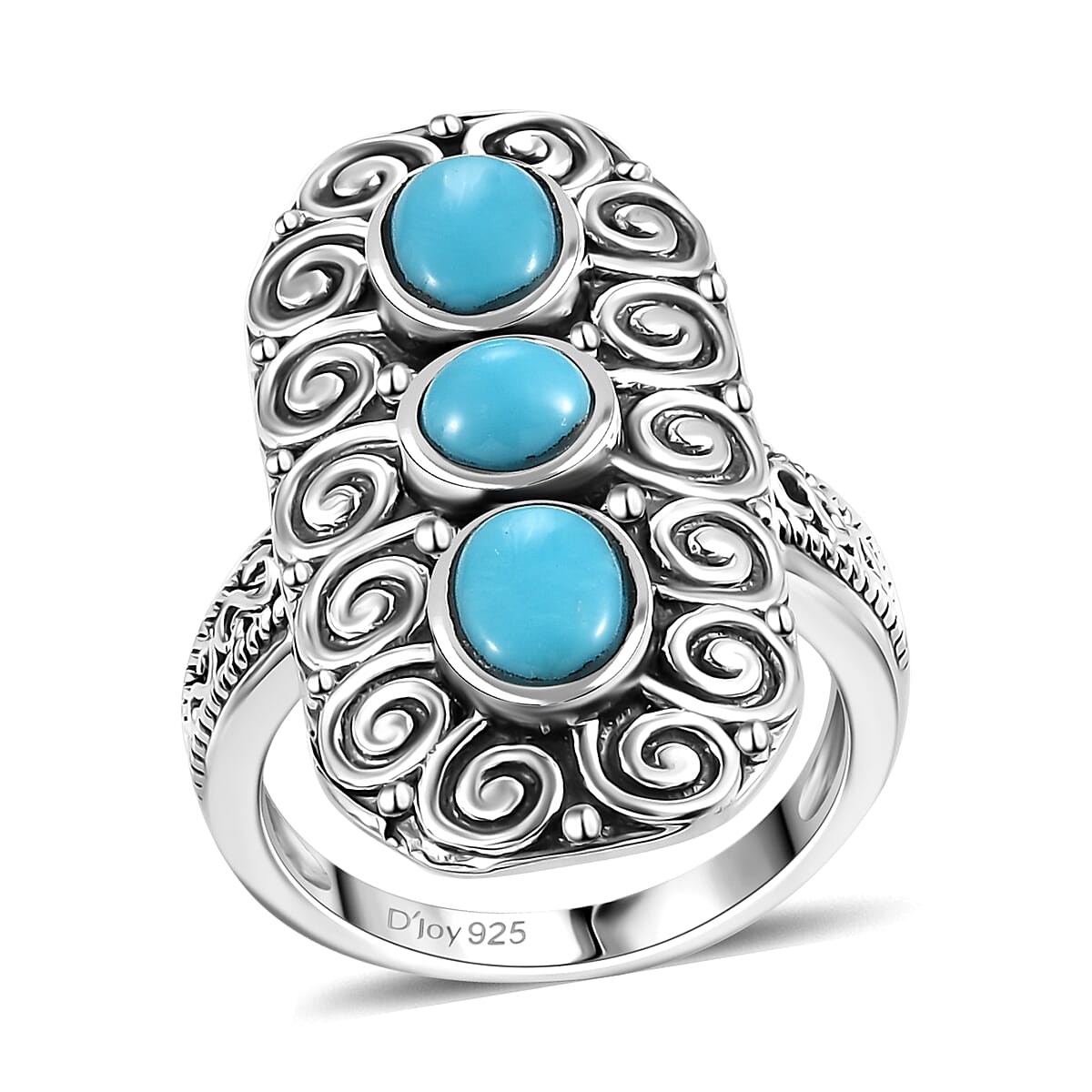 Sleeping Beauty Turquoise 3 Stone Ring in Black Oxidized Sterling Silver (Size 10.0) 2.20 ctw