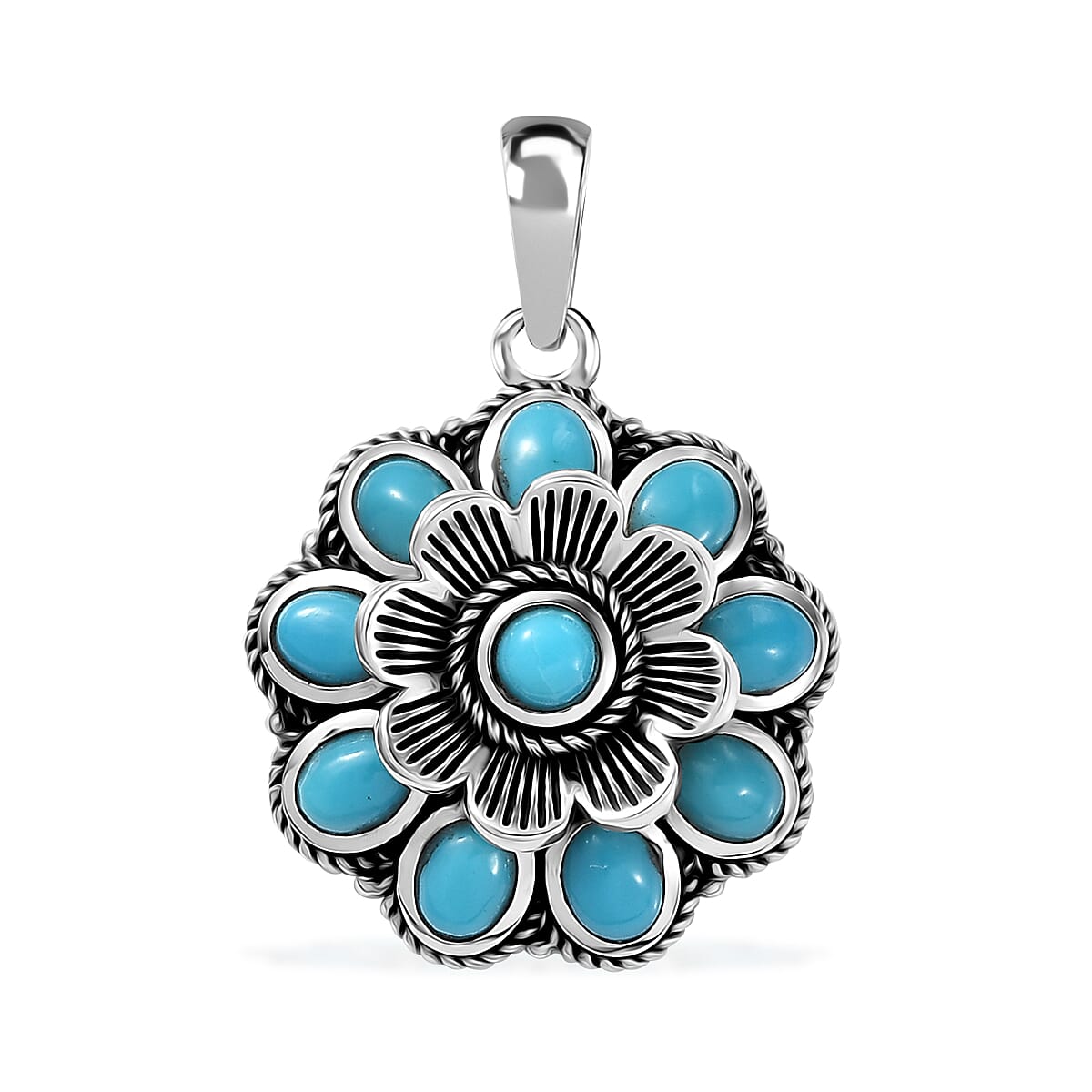 D'Joy Artisan Crafted Sleeping Beauty Turquoise 1.70 ctw Floral Pendant without Chain in Black Oxidized Sterling Silver