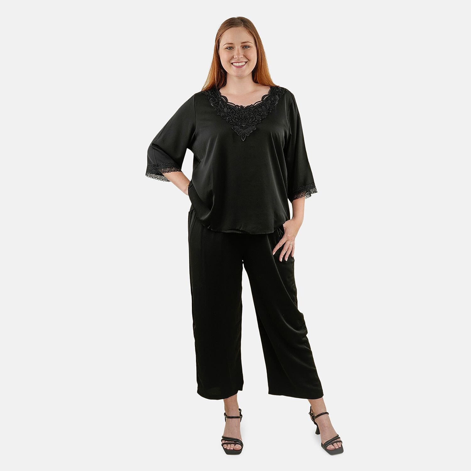 TAMSY Black 2 Piece Lace Top and Pant Set - M/L