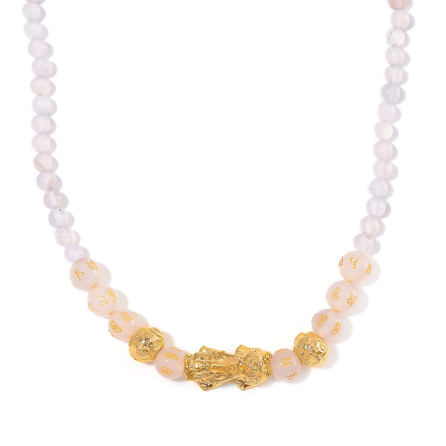 White Agate 9-11mm Engraved Feng Shui Beaded 185.50 ctw Necklace 18-20 Inches in Goldtone
