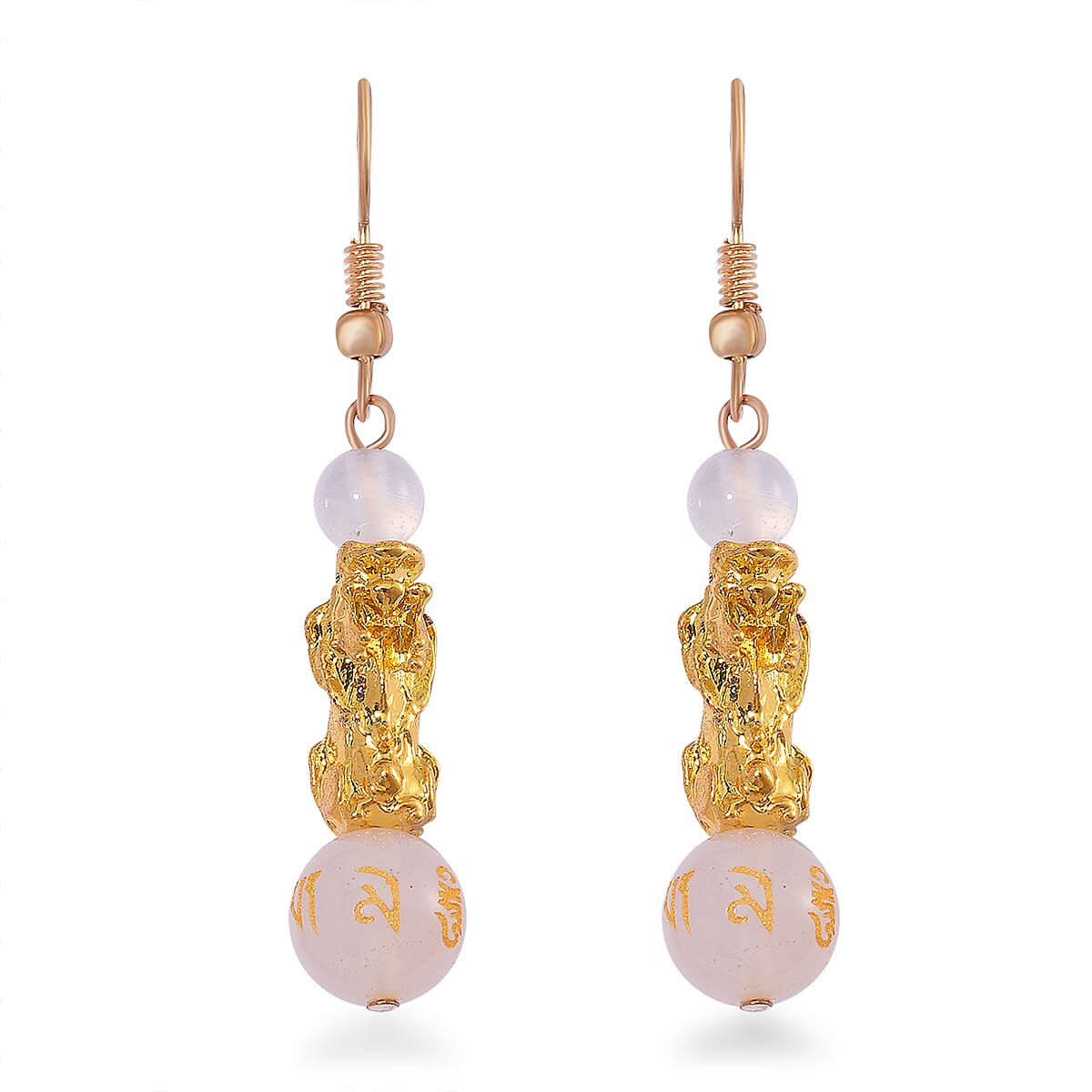 White Agate Engraved Buddhist, Pixiu 20.00 ctw Earrings in Goldtone