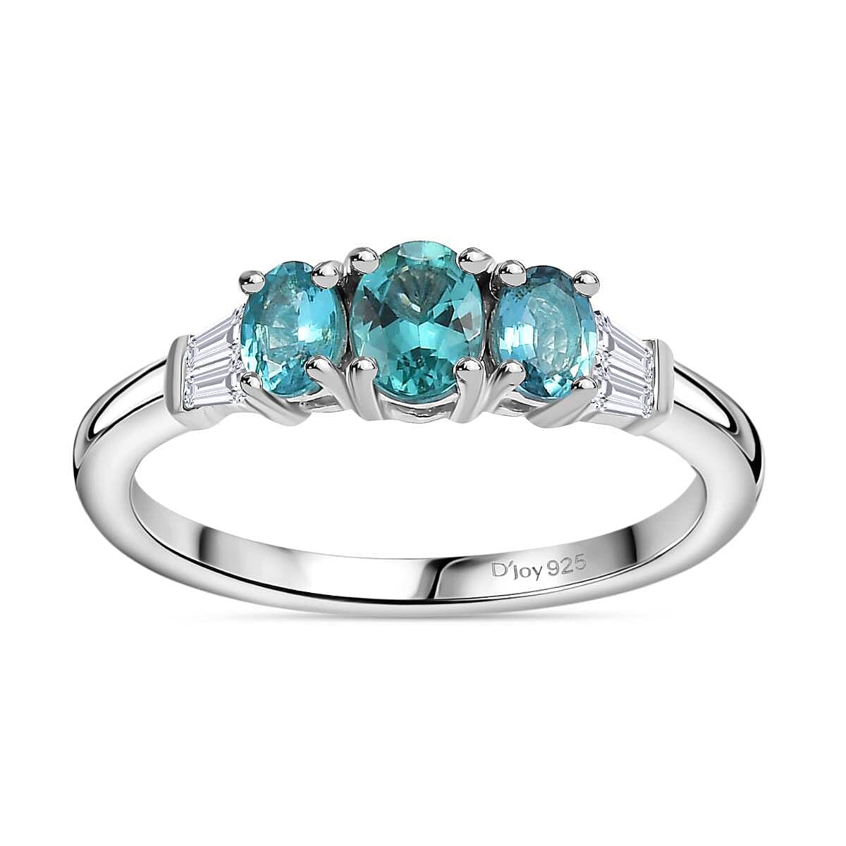 Premium Pirineu Lagoon Tourmaline, Moissanite Ring in Rhodium Over Sterling Silver (Size 6.0) 0.90 ctw