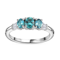Premium Pirineu Lagoon Tourmaline, Moissanite Ring in Rhodium Over Sterling Silver (Size 6.0) 0.90 ctw