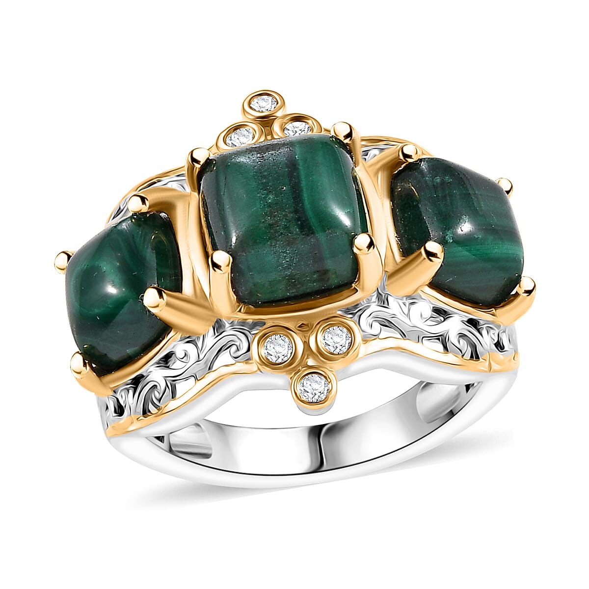 African Malachite, White Zircon Verdant Crown Ring in 18K Vermeil YG and Rhodium Over Sterling Silver (Size 10.0) 7.10 ctw