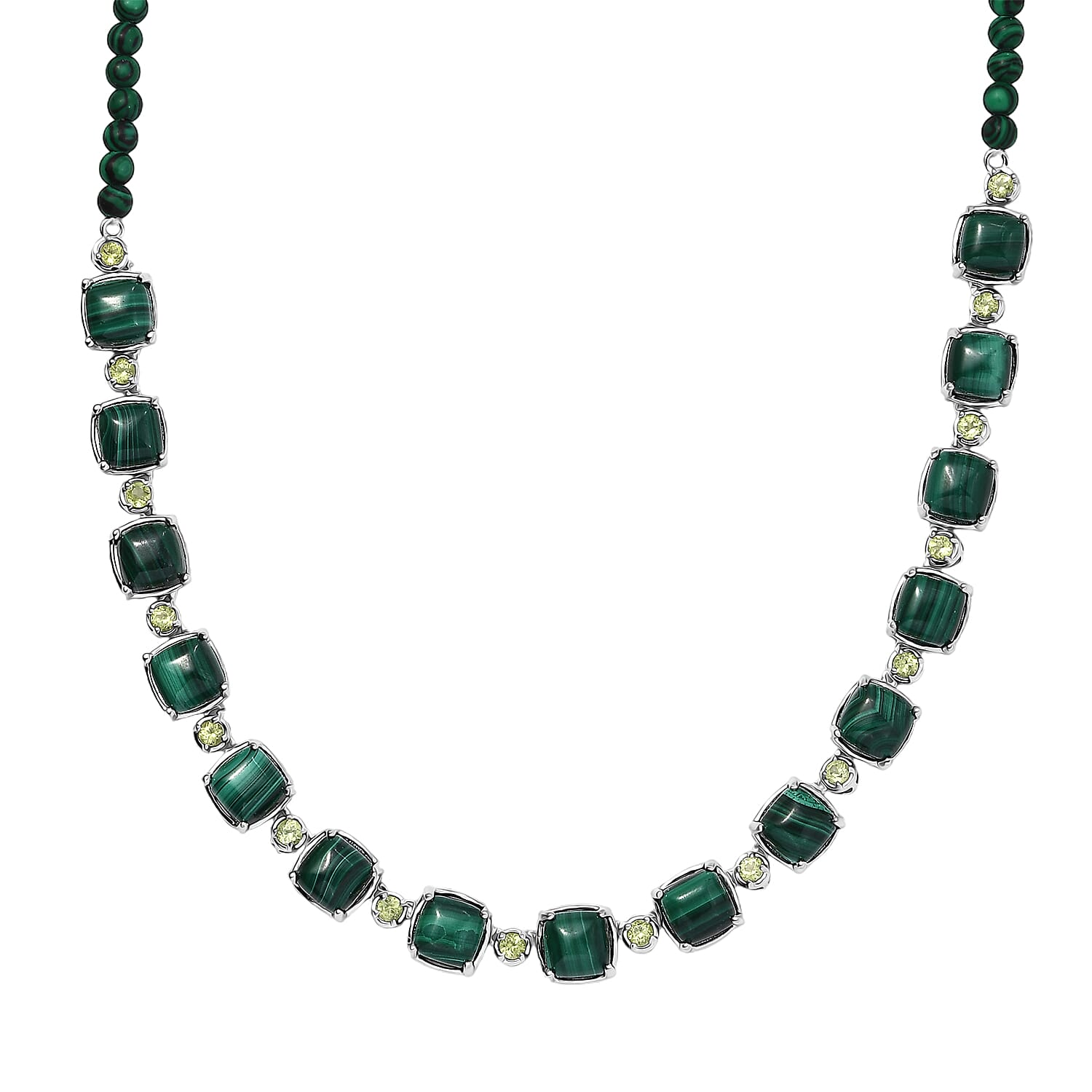 Karis African Malachite and Peridot 71.85 ctw Link Necklace in Platinum Bond 18 Inches
