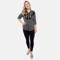 Tamsy Black Plaid Crystal Leaf Button-Up Collared Blouse – S/M
