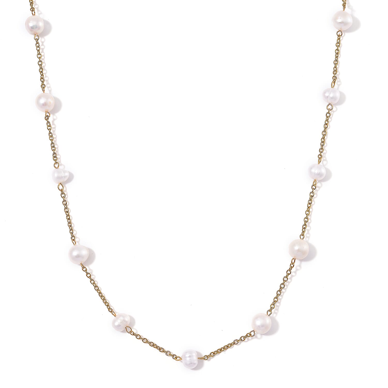 Freshwater White Pearl Station Necklace (36 Inches) in ION Plated YG Stainless Steel
