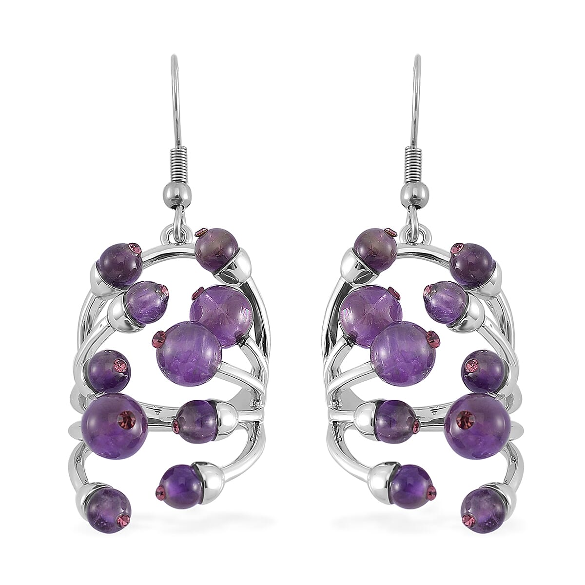 African Amethyst, Purple Austrian Crystal Earrings in Silvertone 3.00 ctw