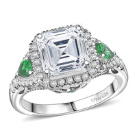D'Joy Asscher Cut Moissanite (8x8 mm), Ceylon Blue Sapphire Ring in Rhodium Over Sterling Silver (Size 10.0) 3.85 ctw