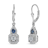 D'Joy Asscher Cut Moissanite (6x6mm), Ceylon Blue Sapphire Earrings in Rhodium Over Sterling Silver 3.60 ctw