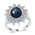 Blue Star Sapphire (DF), Moissanite Floral Ring in Rhodium Over Sterling Silver (Size 8.0) 8.00 ctw - Sticky add to cart bar