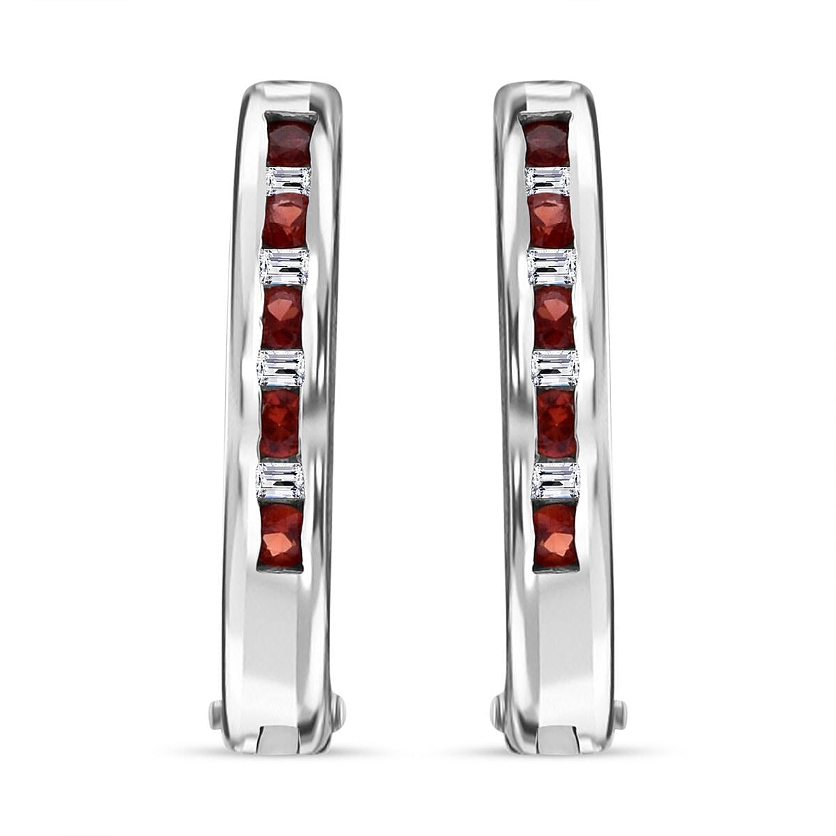 Premium Red Sapphire and Moissanite 1.00 ctw Hoop Earrings in Rhodium Over Sterling Silver