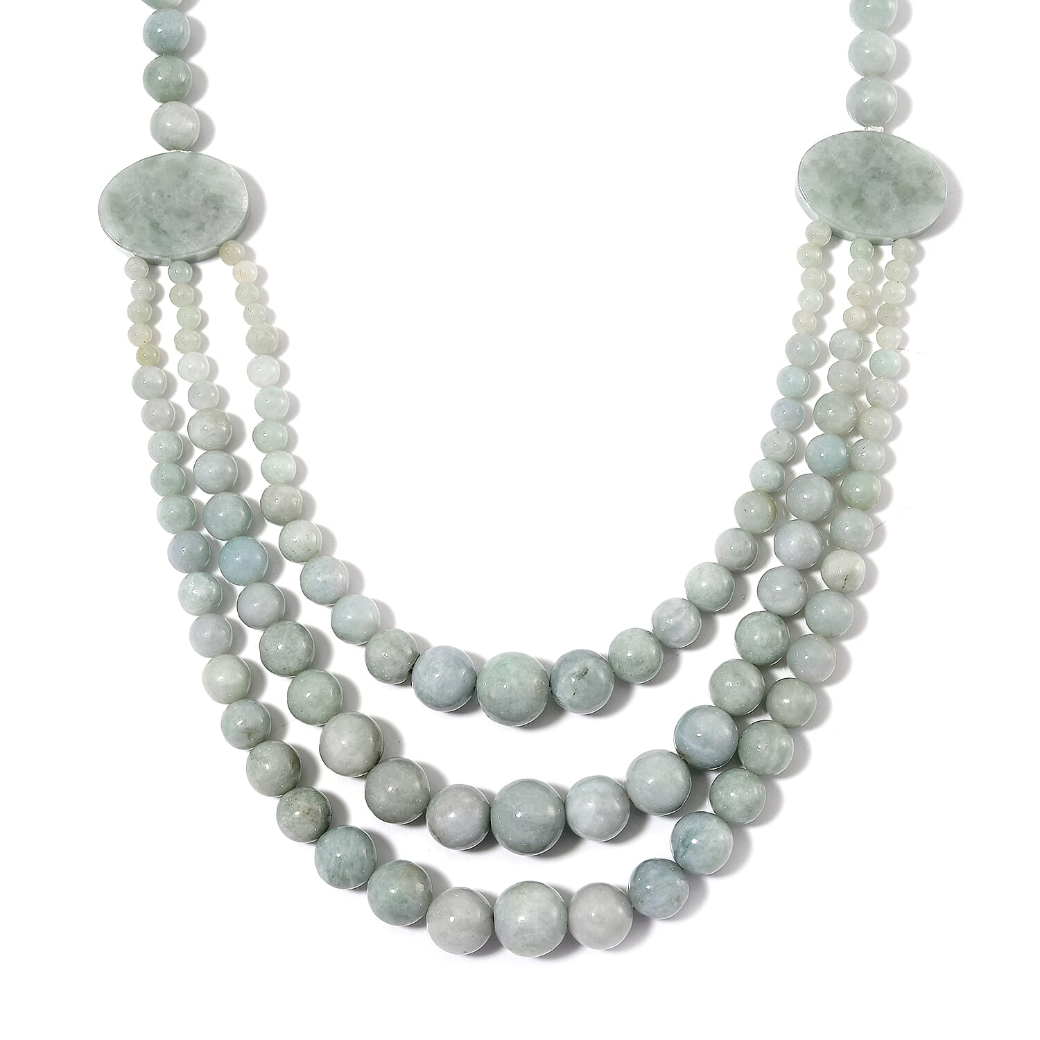Natural Jade 620.00 ctw Beaded 3 Row Necklace in Rhodium Over Sterling Silver 18 Inches