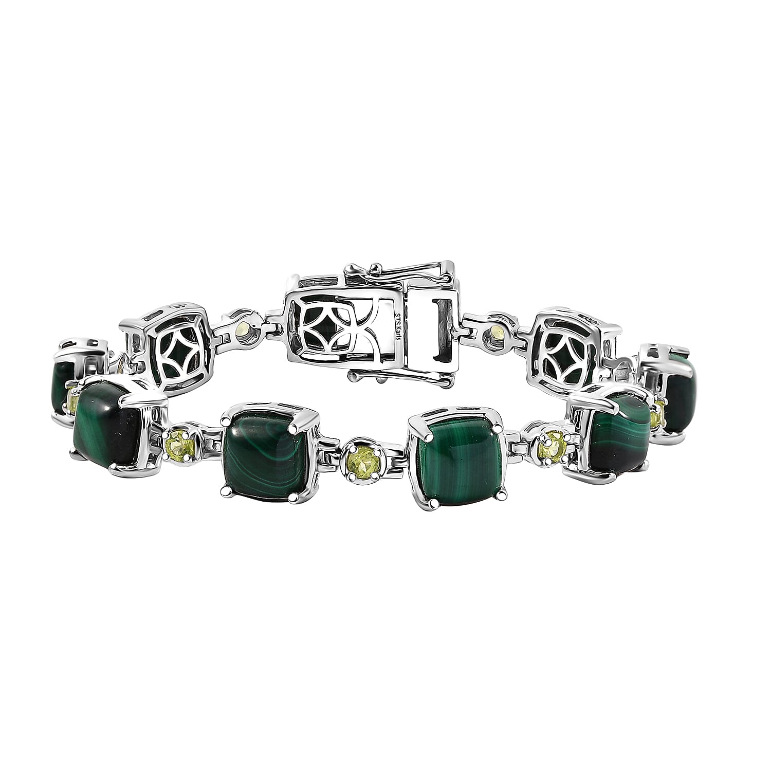 Karis African Malachite, Peridot Cluster Bracelet in Platinum Bond (8.00 In) 41.40 Carat Total Weight