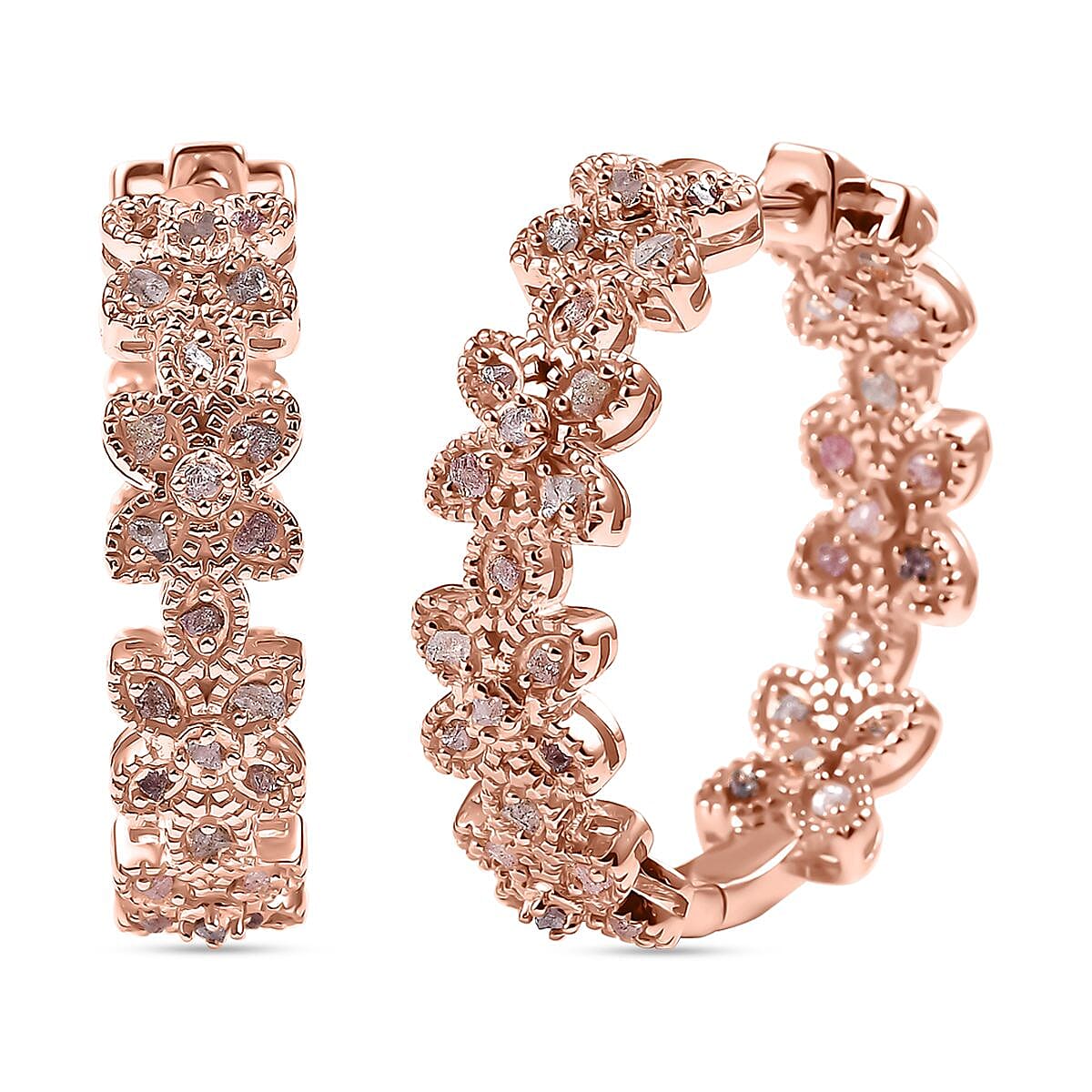 D'Joy Uncut Natural Pink Diamond 1.00 ctw Floral Hoop Earrings in 18K Vermeil Rose Gold Over Sterling Silver