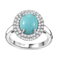 Lagoon Turquoise, Moissanite Ring in Rhodium Over Sterling Silver (Size 10.0) 2.80 ctw
