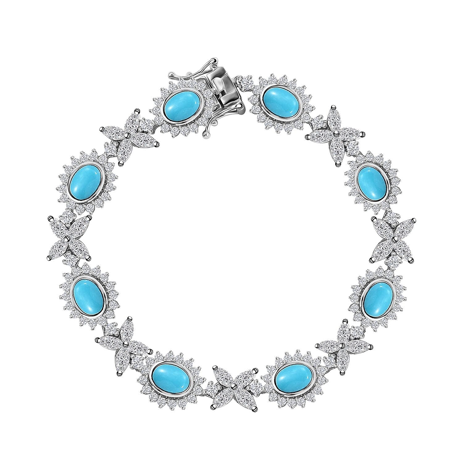 TLV Sleeping Beauty Turquoise, White Zircon Sunburst Halo Bracelet in Rhodium Over Sterling Silver (7.25 In) 14.90 ctw