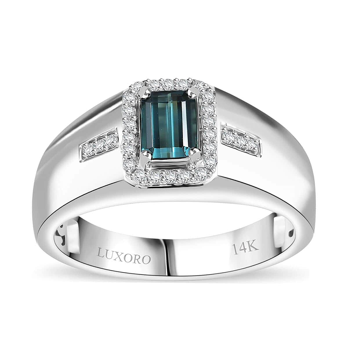 Luxoro 14K White Gold AAA Pirineu Lagoon Tourmaline, Diamond (G-H, I2) (0.20 cts) Men's Ring (Size 15.5) (7 g) 0.90 ctw